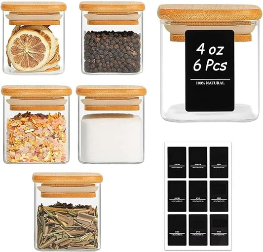 ComSaf Spice Jars with Labels 4 oz 6Pack, Small Spice Containers Starter Set, Glass Seasoning Jars with Lids, Square Seasoning Containers for Salt, Pepper, Chili Powder, Sugar, Ginger Ground, Cumin by ComSaf
