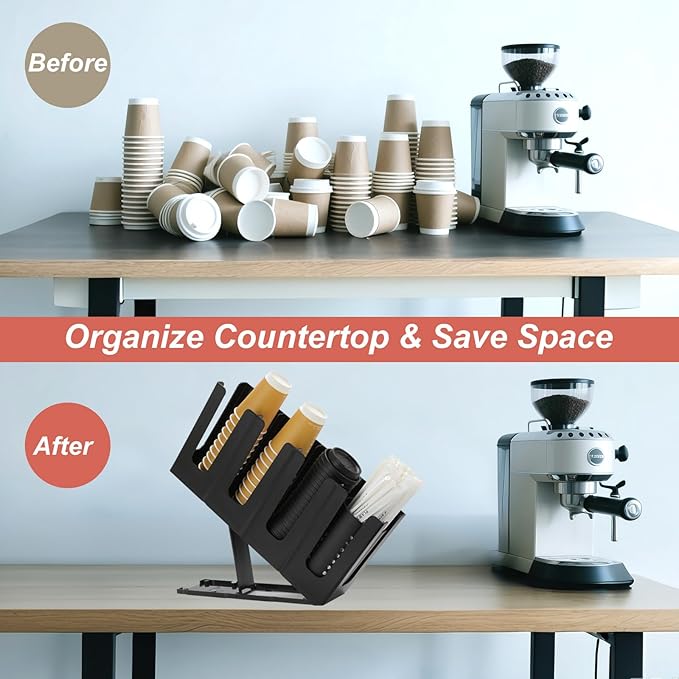 Paper Cup and Lid Holder with Straw Organizer,4 Compartment Adjusting,Coffee Cup Dispenser for Countertop,Coffees Station,Bar Restaurant,Black - Image 7