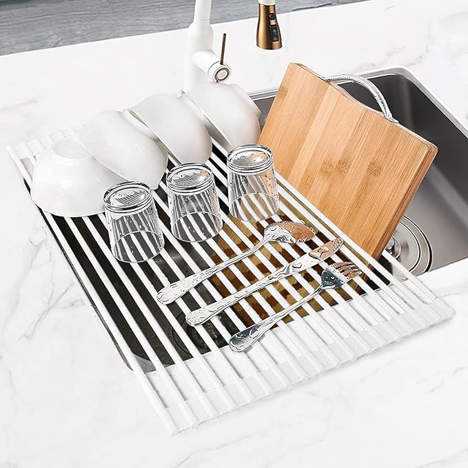 MERRYBOX Roll Up Dish Drying Rack, Silicone Wrapped Over The Sink Dish Rack Foldable Dish Drainer Anti-Slip Dish Racks for Kitchen Counter, Multipurpose Kitchen Sink Drying Rack, 18" x 13", White - Image 9