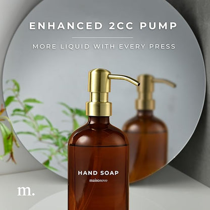 MaisoNovo Soap Dispenser 2-Piece Set | 16.9oz Amber Bottles with Gold Stainless Steel Pump Core