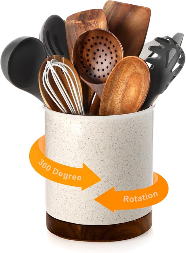 Nucookery 360°Rotating Utensil Holder, 7.2" Large Utensil Crock, White Ceramic Cooking Utensil Organizer,Farmhouse Kitchen Decor Christmas Thanksgiving Gift (Sand) by Nucookery