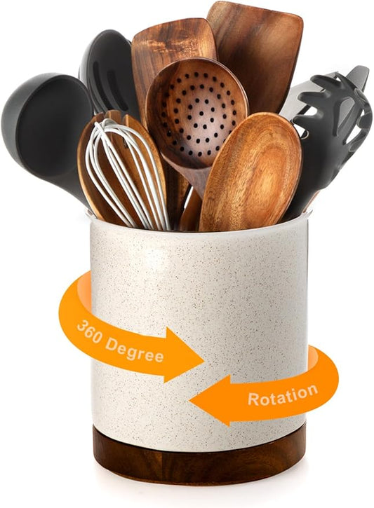 Nucookery 360°Rotating Utensil Holder, 7.2" Large Utensil Crock, White Ceramic Cooking Utensil Organizer,Farmhouse Kitchen Decor Christmas Thanksgiving Gift (Sand) by Nucookery