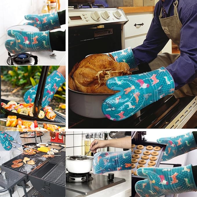Oven Mitts Set of 2 with Transparent Clear Silicone Shell and Nice Dog Printing Cotton Lining, Heat Resistant to 500 F Kitchen Oven Gloves Pot Holder for Cooking (Blue) - Image 6