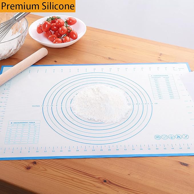 Silicone Baking Mat，Non Stick Rolling Dough with Measurements for Pie Pizza Cookies Fondant Making，Extra Thick Non Slip Silicone Pastry Mat (Blue, XL-20"×28")
