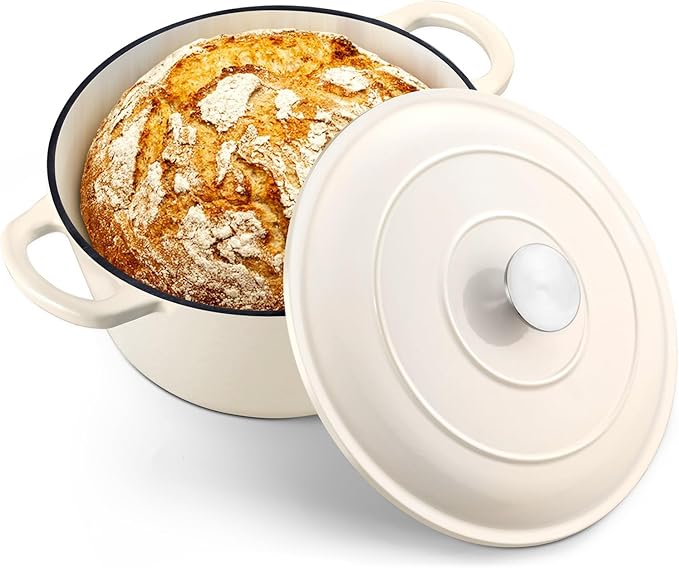 TeamFar 5Qt Dutch Oven, Enameled Cast Iron Dutch Oven with Lid & Dual Handles for Cooking Baking Braising Simmering, Healthy & Sturdy, Oven & Various Stovetops Safe, Non-stick & Easy Clean - Cream White by TeamFar