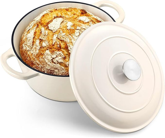 TeamFar 5Qt Dutch Oven, Enameled Cast Iron Dutch Oven with Lid & Dual Handles for Cooking Baking Braising Simmering, Healthy & Sturdy, Oven & Various Stovetops Safe, Non-stick & Easy Clean - Cream White by TeamFar