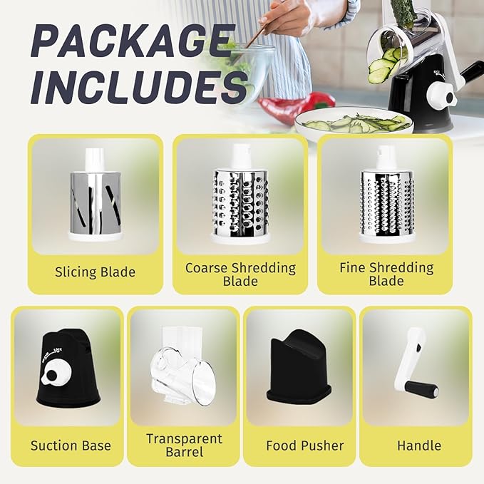 X Home Rotary Cheese Grater for Kitchen, Shredder with 3 Interchangeable Blades, Rotary Grater with Handle and Strong Suction Base, for Vegetables, Fruit, Nuts, Easy to Use and Clean, Black - Image 9