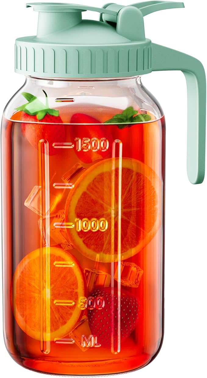 64 oz Glass Pitcher with Lid, Large Wide Mouth Mason Jar with Pour Spout, Green Sun Tea Glass Jar for Outside, Drink Pitcher Great for Drink, Cold Beverages and Breast Milk by OneDream