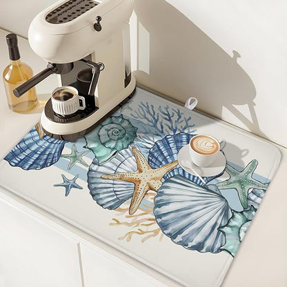Summer Sea Shell Drying Mat 24x18 Inch, Starfish Drying Mat with Absorbent Reversible Microfiber, Coastal Dish Drainer Mats Holiday Ocean Rack Pad for Coffee Countertop Kitchen Protector