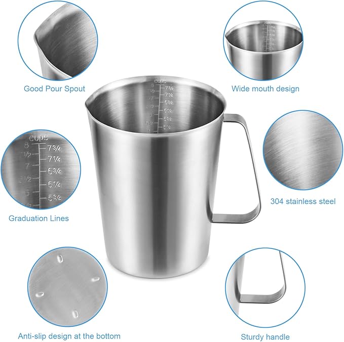 KSENDALO 64Oz/8Cup Stainless Steel Pitcher (SUS304), 2 Liter Metal Container for Water, Milk, Liquid with Handle with Engraved Markings, Silver - Image 2