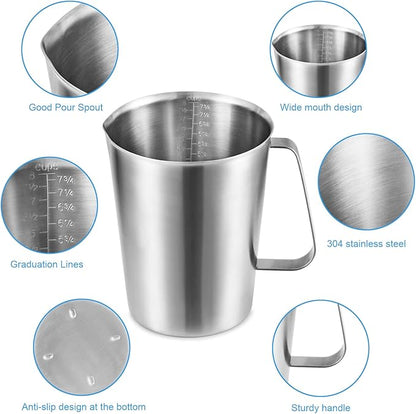 KSENDALO 64Oz/8Cup Stainless Steel Pitcher (SUS304), 2 Liter Metal Container for Water, Milk, Liquid with Handle with Engraved Markings, Silver - Image 2