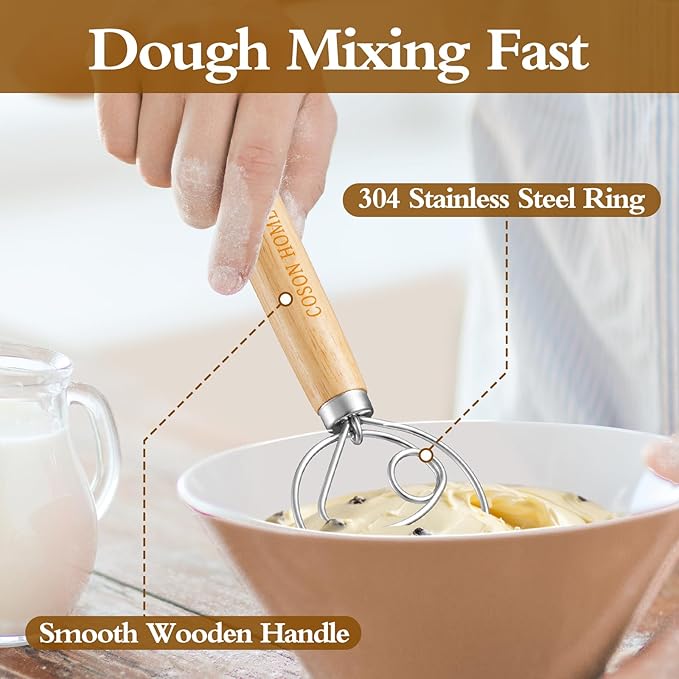 Pack of 2 Danish Dough Whisk, Kitchen Baking Flour Mixing Tool for Sourdough, Bread, Flour Paste, Butter, Pancake, Pizza, Cake, Pastry, Biscuits, Wooden Handle Stainless Steel Ring - Image 3