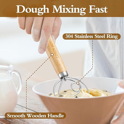 Pack of 2 Danish Dough Whisk, Kitchen Baking Flour Mixing Tool for Sourdough, Bread, Flour Paste, Butter, Pancake, Pizza, Cake, Pastry, Biscuits, Wooden Handle Stainless Steel Ring - Image 3