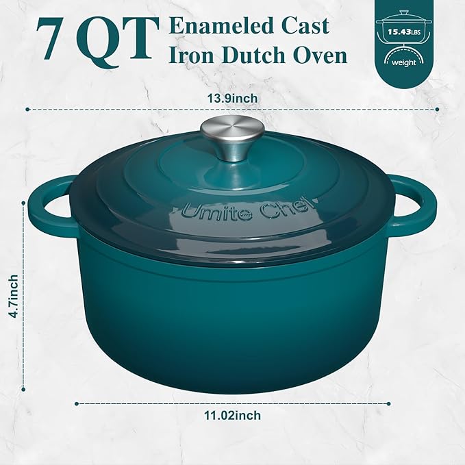 Umite Chef 7QT Enameled Cast Iron Dutch Oven with Lid & Cotton Potholders–Heavy-Duty Cookware for Bread Baking, Braising, Stews, Marinate, Cook(Emerald) - Image 2