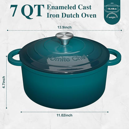 Umite Chef 7QT Enameled Cast Iron Dutch Oven with Lid & Cotton Potholders–Heavy-Duty Cookware for Bread Baking, Braising, Stews, Marinate, Cook(Emerald) - Image 2
