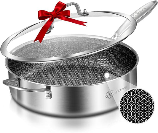 LOLYKITCH 6 QT Large Skillet with Lid, 12 Inch Nonstick Deep Frying Pan, Tri-Ply Stainless Steel Hybrid Saute Pan for Family Meals, Induction Oven Compatible Ceramic Coated, Detachable Handle by LolyKitch