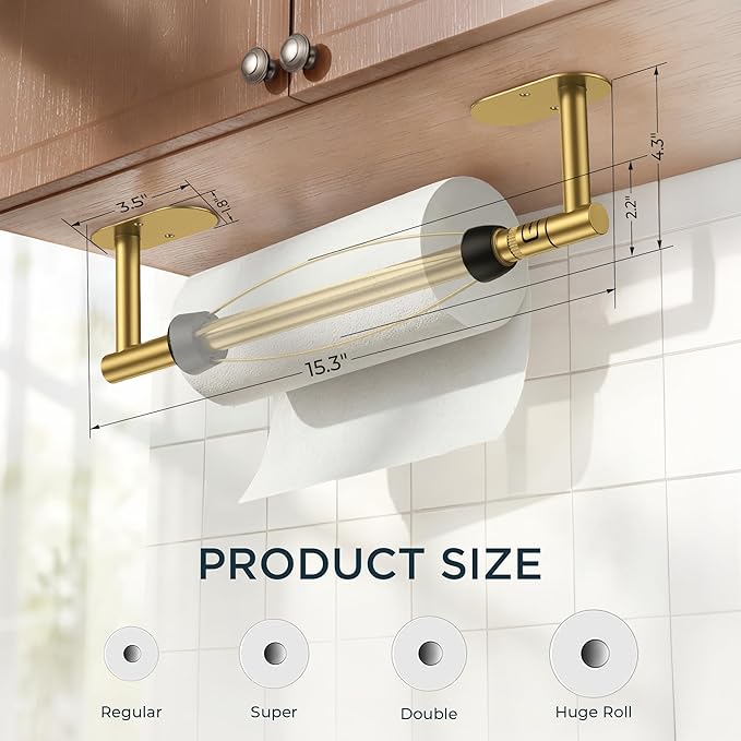 FORIOUS Paper Towel Holder Under Cabinet, One Hand Operable with Ratchet System for Easy Tear, Adhesive or Drill Wall Mount, Stainless Steel for Kitchen Commercial Paper Hand Towel Holders, Gold - Image 6