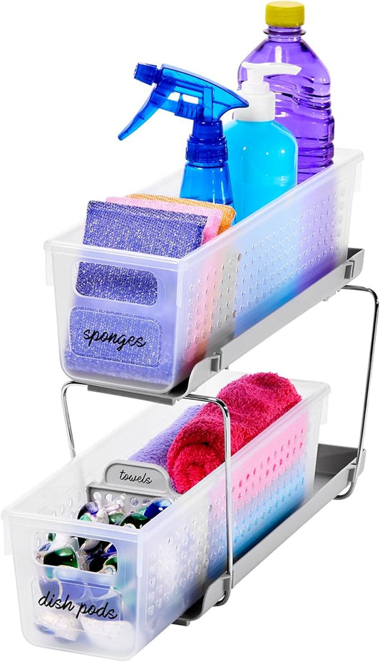 madesmart Mini 2-Tier Organizer, Multi-Purpose Slide-Out Storage with Handles and Dividers for Home and Bath, Frost