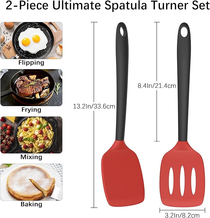 Coukre 2 Pack Silicone Spatula Set, High Heat Resistant, BPA Free Kitchen Spatula, Solid & Slotted Turner for Non-Stick Pans, Sautéing, and Flipping (2, RedBlack) - Image 2