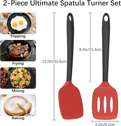 Coukre 2 Pack Silicone Spatula Set, High Heat Resistant, BPA Free Kitchen Spatula, Solid & Slotted Turner for Non-Stick Pans, Sautéing, and Flipping (2, RedBlack) - Image 2