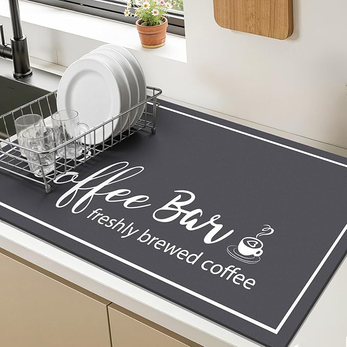 Findosom Dish Drying Mat, 12"x 20" Super Absorbent & Hide Stain Coffee Mat, Cuttable Drying Mat for Kitchen Counter, Coffee Bar Accessories, Under Dish Rack, Coffee Maker, Espresso Machine, DarkGrey - Image 9
