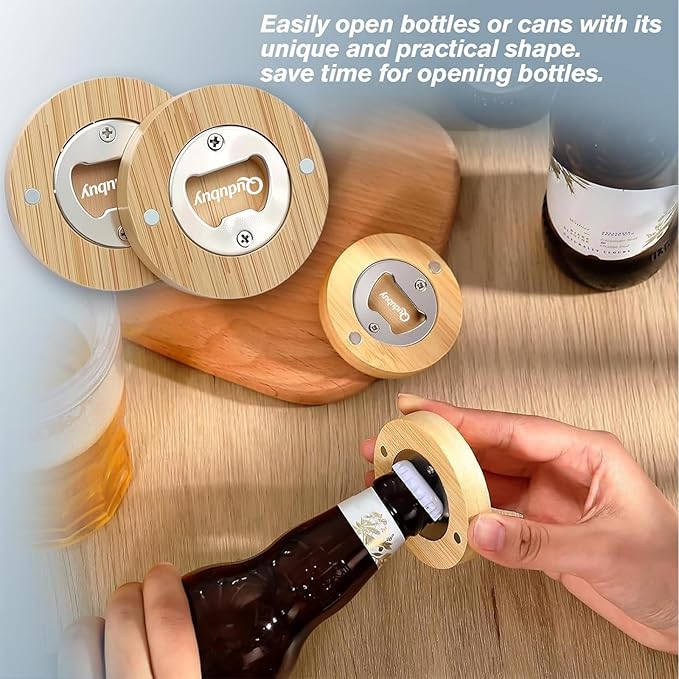24 Pcs Magnetic Bottle Opener 2.5In DIY Bamboo Round Shape Beer Openers Wooden Fridge Magnet Refrigerator Sticker for Beer Lovers,Wedding Guests,Kitchens,Bars,Parties