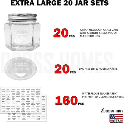 20 Pack Magnetic Spice Jars Large 4 oz Refrigerator Hexagon Glass Spice Jars Magnetic Lids Shaker Spice Labels Magnet Glass Spice Containers for RV Travel Trailer Kitchen Fridge Cabinet Wall mount