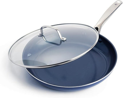 Blue Diamond 12" Nonstick Frying Pan with Lid, Diamond Infused PFAS & PTFE-Free Ceramic Skillet, Dishwasher & Oven Safe, Stay Cool Handle, Durable Non Toxic Metal Utensil Safe, Glass Lid, Blue by BlueDiamondCookware