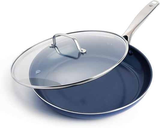 Blue Diamond 12" Nonstick Frying Pan with Lid, Diamond Infused PFAS & PTFE-Free Ceramic Skillet, Dishwasher & Oven Safe, Stay Cool Handle, Durable Non Toxic Metal Utensil Safe, Glass Lid, Blue by BlueDiamondCookware