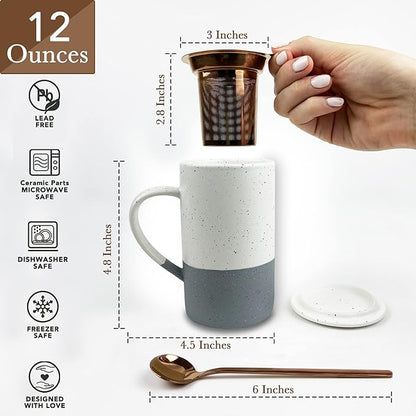 Mora Ceramics Tea Cup with Loose Leaf Infuser, Spoon and Lid, 12 oz, Microwave and Dishwasher Safe Coffee Mug - Rustic Matte Ceramic Glaze, Modern Herbal Tea Strainer - Great Gift for Women, Flint - Image 2