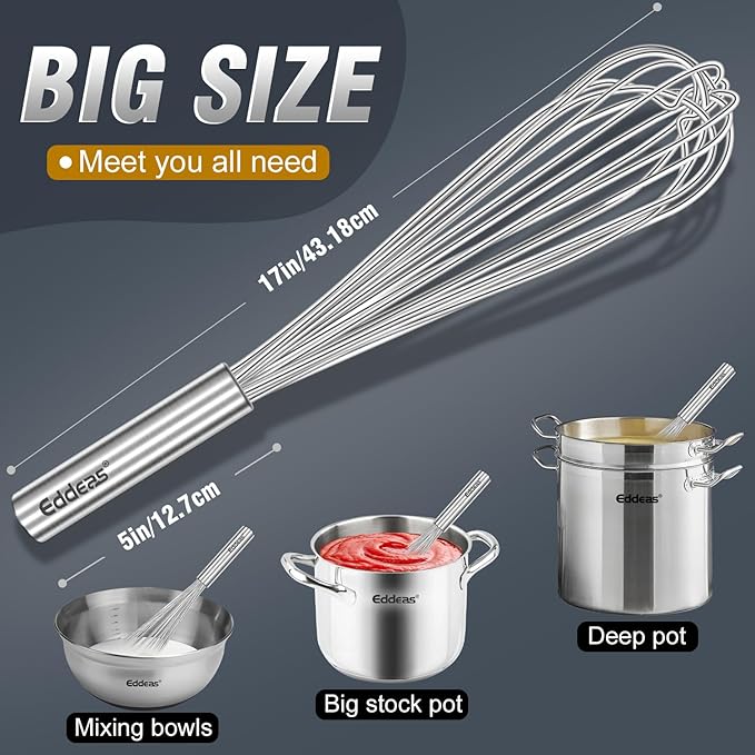 Eddeas 17in Large Whisk,Heavy Duty whisk, Stainless Steel whisk Suitable for Mixing Thick batter, Dry Ingredients and Seasonings.Accessories for professional commercial kitchens. - Image 4
