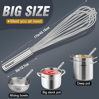 Eddeas 17in Large Whisk,Heavy Duty whisk, Stainless Steel whisk Suitable for Mixing Thick batter, Dry Ingredients and Seasonings.Accessories for professional commercial kitchens. - Image 4