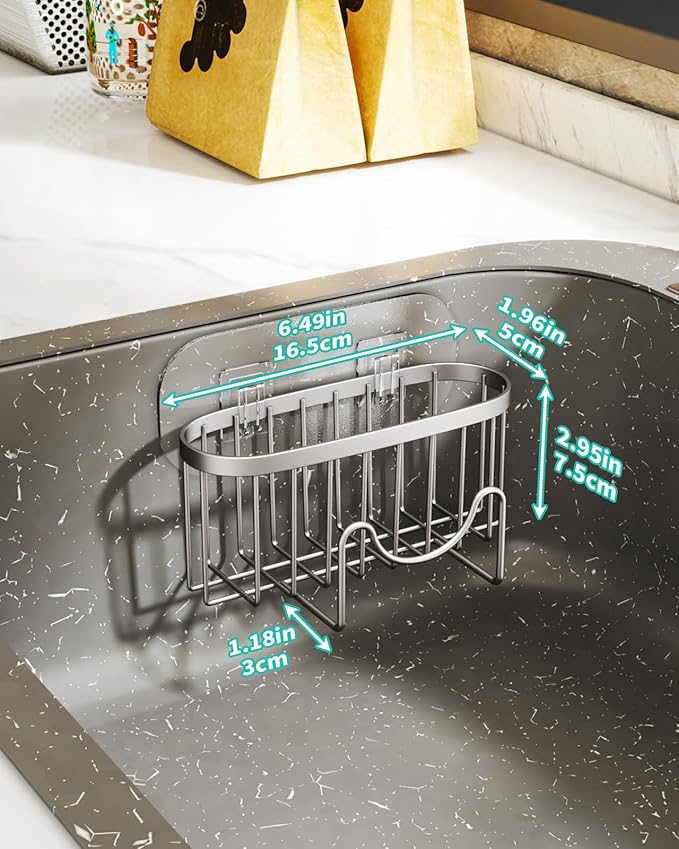 HapiRm Multifunctional Kitchen Sponge Holder with Unique M-Shaped, 2 Installation Ways Sink Caddy, Stainless Steel Kitchen Organizer for Sponge, Brush, Sink Stopper and Scraper -Brushed Nickel - Image 5