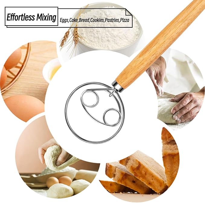 Danish Dough Whisk Stainless Steel Wooden Handle for Sourdough Bread Pizza and Pastry Making - Image 7