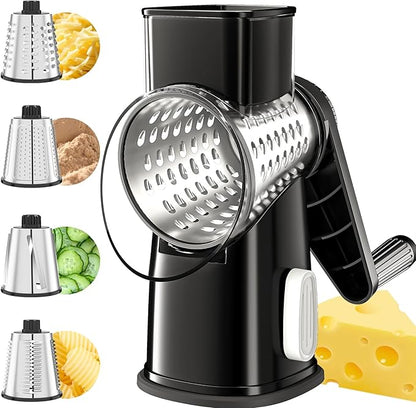 VEKAYA Rotary Cheese Grater Hand Crank with 4 Interchangeable Stainless Steel Blades, Large Manual Handle Shredder and Waffle Slicer for Vegetables, Cheese and Nuts with Table Suction Base (Black)