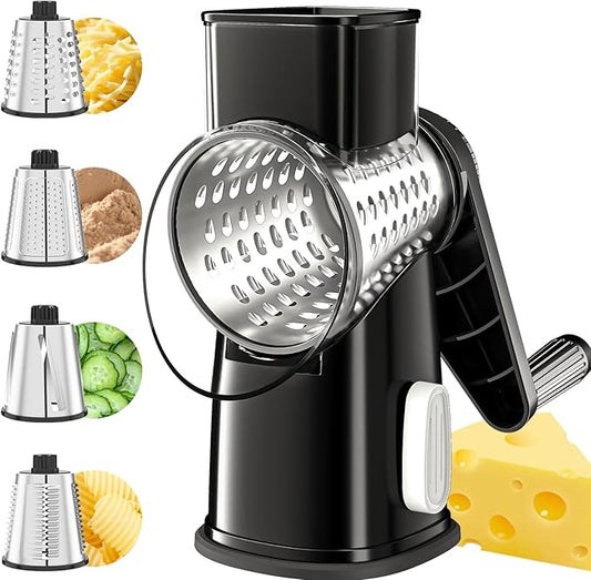 VEKAYA Rotary Cheese Grater Hand Crank with 4 Interchangeable Stainless Steel Blades, Large Manual Handle Shredder and Waffle Slicer for Vegetables, Cheese and Nuts with Table Suction Base (Black)