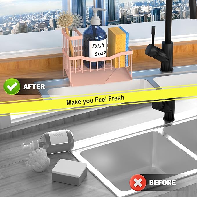 Fssvcd Maifan Sink Caddy Sponge Holder for Kitchen with Brush Holder and Stainless Steel Self Drain Tray, Rustproof Kitchen Sink Organizer for Sponge, Soap Dispenser Storage Accessories Pinky White - Image 6