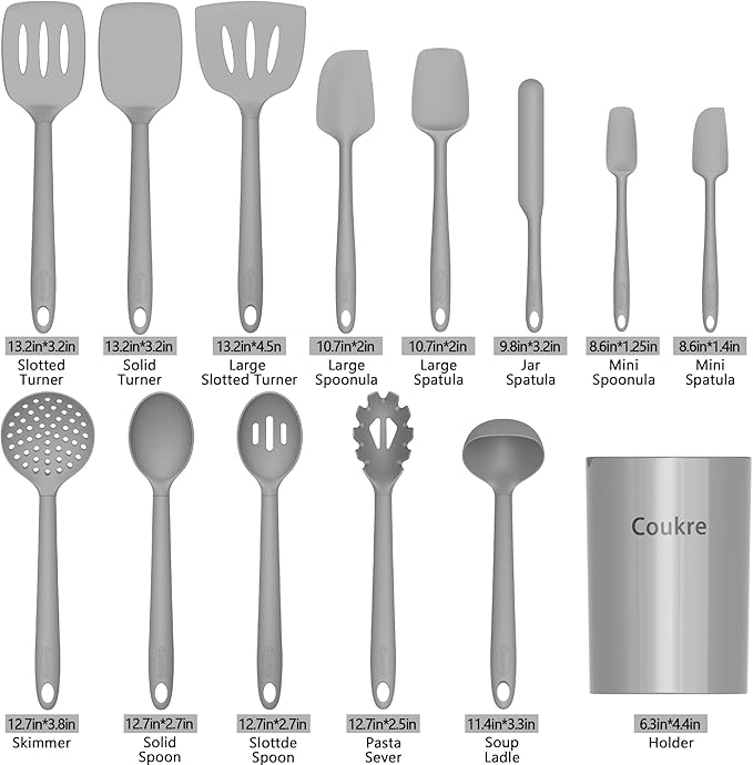 Coukre Silicone Kitchen Cooking Utensils Set with Holder – Heat-Resistant, Food-Grade Kitchen Tools, Spatula, Spoon & Gadgets for Non-Stick Pans, Dishwasher Safe (14, PureGray) - Image 2
