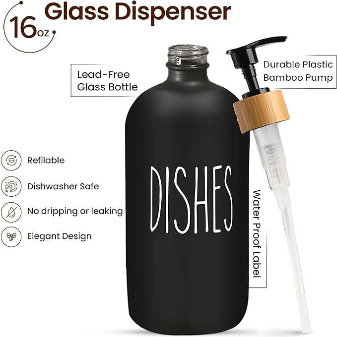 Sunrise Premium 16 OZ Thick Black Glass Soap Dispenser, Bamboo Pump with Tray 2 Pack, Hand and Dish Soap Dispenser Set for Bathroom with 6 Waterproof Labels - Image 2