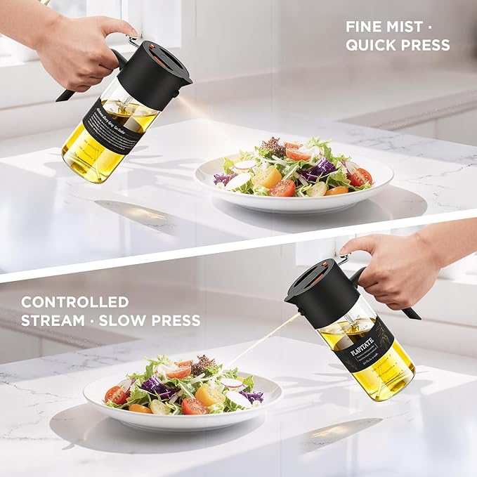 PLAPITATE 2Pcs 17oz Premium Olive Oil Sprayer for Cooking, 2 in 1 Glass Olive Oil Dispenser Bottle for Kitchen Gadgets, Spray Bottle with Portion Control for Salad, Frying, BBQ (2 Black)
