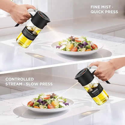 PLAPITATE 2Pcs 17oz Premium Olive Oil Sprayer for Cooking, 2 in 1 Glass Olive Oil Dispenser Bottle for Kitchen Gadgets, Spray Bottle with Portion Control for Salad, Frying, BBQ (Black & White)
