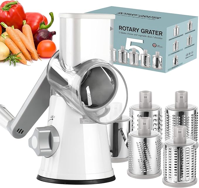 Ourokhome Rotary Cheese Grater Hand Crank, Kitchen Shredder Speed Mandolin Slicer Ice Shaver with Handle and Drum Blades for Cheese, Vegetable, Nuts, Chocolate, Potato, Carrot, 5 Blades, White by Ourokhome