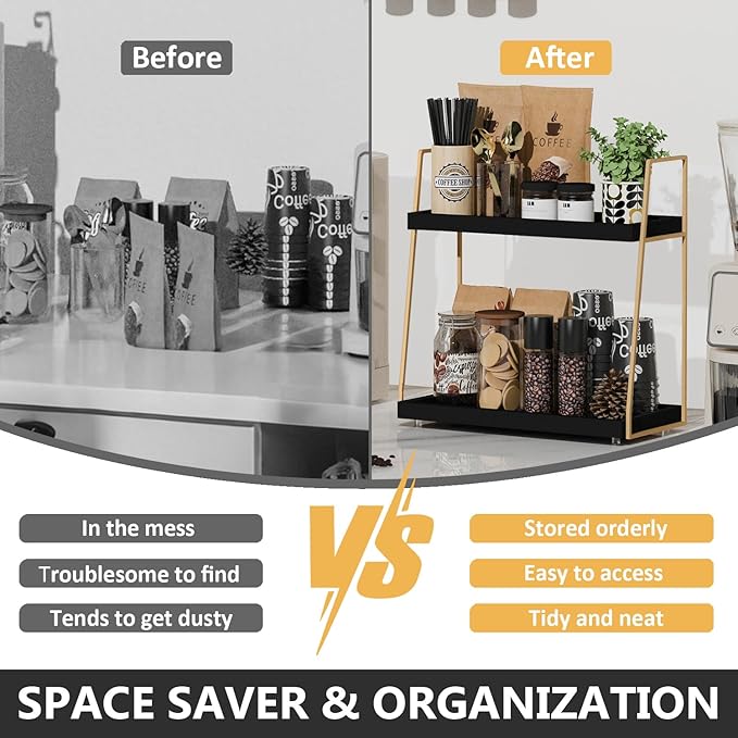 Coffee Bar Accessories, Black Gold Coffee Station Organizer for Countertop Decor, 2 Tier Large Wooden CoffeeBar Shelf for Office, Breakroom, Bathroom - Image 4