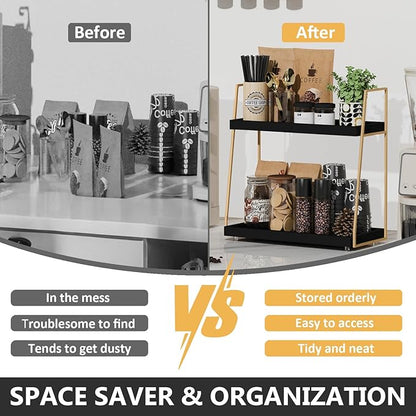 Coffee Bar Accessories, Black Gold Coffee Station Organizer for Countertop Decor, 2 Tier Large Wooden CoffeeBar Shelf for Office, Breakroom, Bathroom - Image 4