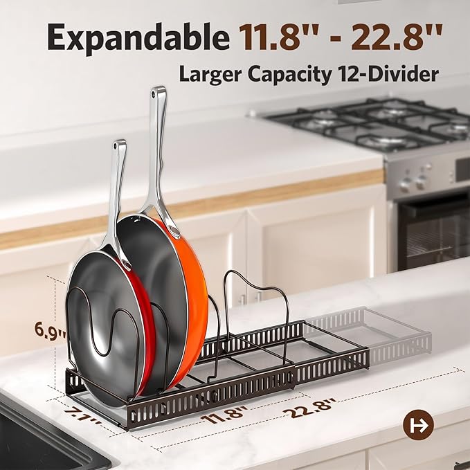 ORDORA Pots and Pans Organizer under Cabinet with Pan Holder: Expandable 11.8"-22.8" Kitchen Cabinet Organizer Rack, 12 Adjustable Dividers Storage for Cookie Sheets, Cutting Boards & Lid, Bronze - Image 3