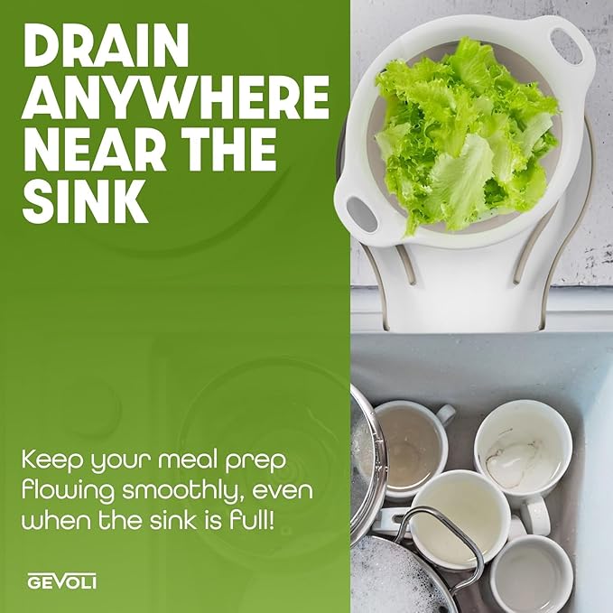 Gevoli 2-in-1 Large Collapsible Colander with Self-draining Base Set - Plastic Side Drain Food strainer for Edge of Kitchen Sink (Beige) - Image 3
