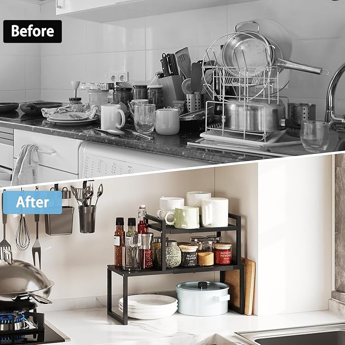 2 Pack Expandable Kitchen Cabinet Shelves Organizer,Heavy Duty Metal Shelving Units and Storage,Stackable Adjustable Kitchen Storage Organization Shelves Rack for Counter Cupboard Pantry,Length:20.5" - Image 8