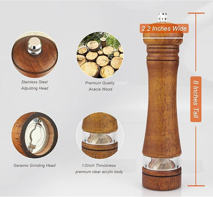 Haomacro Pepper Grinder, Wood Salt and Pepper Mills Set, Classic Manual Spice Grinder Refillable Salt Mill Sets with Acrylic Visible Window Adjustable Ceramic Grinding Rotor 8 inch 2 Pack - Image 4