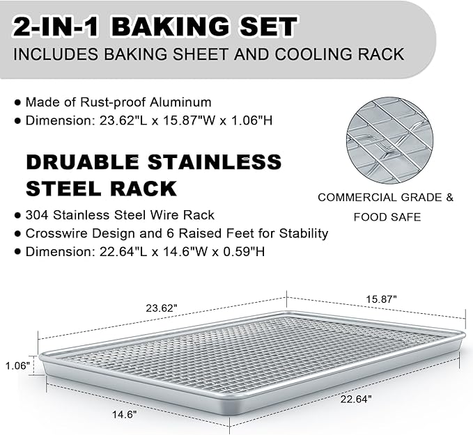 24 Inch Baking Sheet Pans with Rack Set, Natural Aluminum Cookie Sheet, Extra Large Commercial Quality Baking Sheet Pan Set, Warp Resistant Nonstick Thick Cookie Tray Pans for Baking, Roasting - Image 2