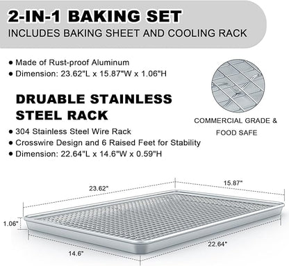 24 Inch Baking Sheet Pans with Rack Set, Natural Aluminum Cookie Sheet, Extra Large Commercial Quality Baking Sheet Pan Set, Warp Resistant Nonstick Thick Cookie Tray Pans for Baking, Roasting - Image 2